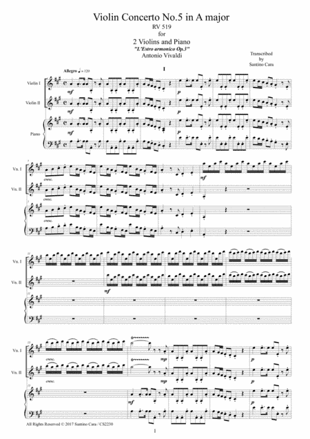 Vivaldi - Violin Concerto No.5 in A major RV 519 Op.3 for Two Violins and Piano (arr. Santino Cara)