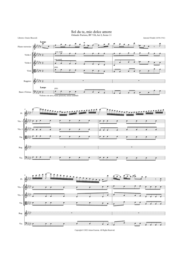 "Sol da te mio dolce amore" from "Orlando Furioso" RV 728 - Antonio Vivaldi - Score Only (arr. Arturo Escorza)