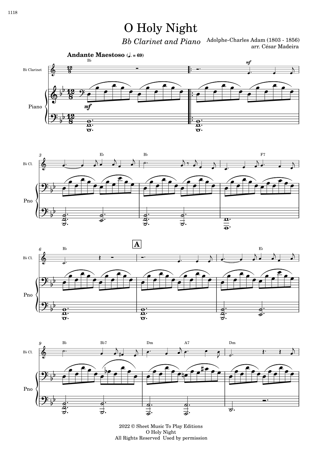 O Holy Night - Bb Clarinet and Piano - W/Chords (Full Score and Parts) (arr. César Madeira)