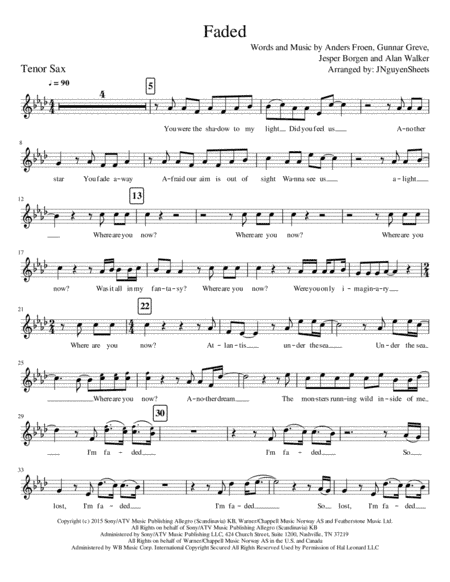 Faded (arr. JNguyenSheets)