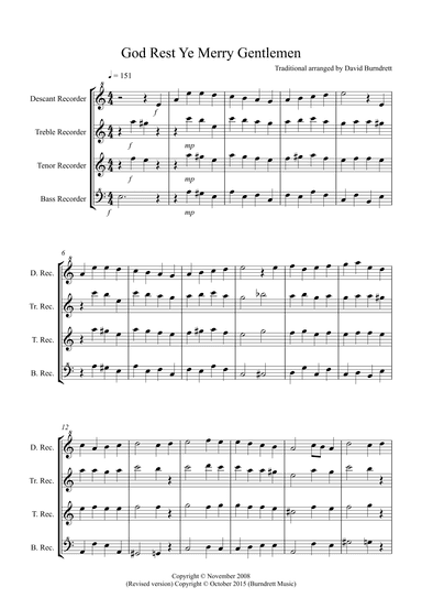 God Rest Ye Merry Gentlemen for Recorder Quartet (arr. David Burndrett)