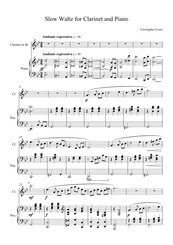 Slow Waltz for Clarinet (Bb) & Piano - Full Score