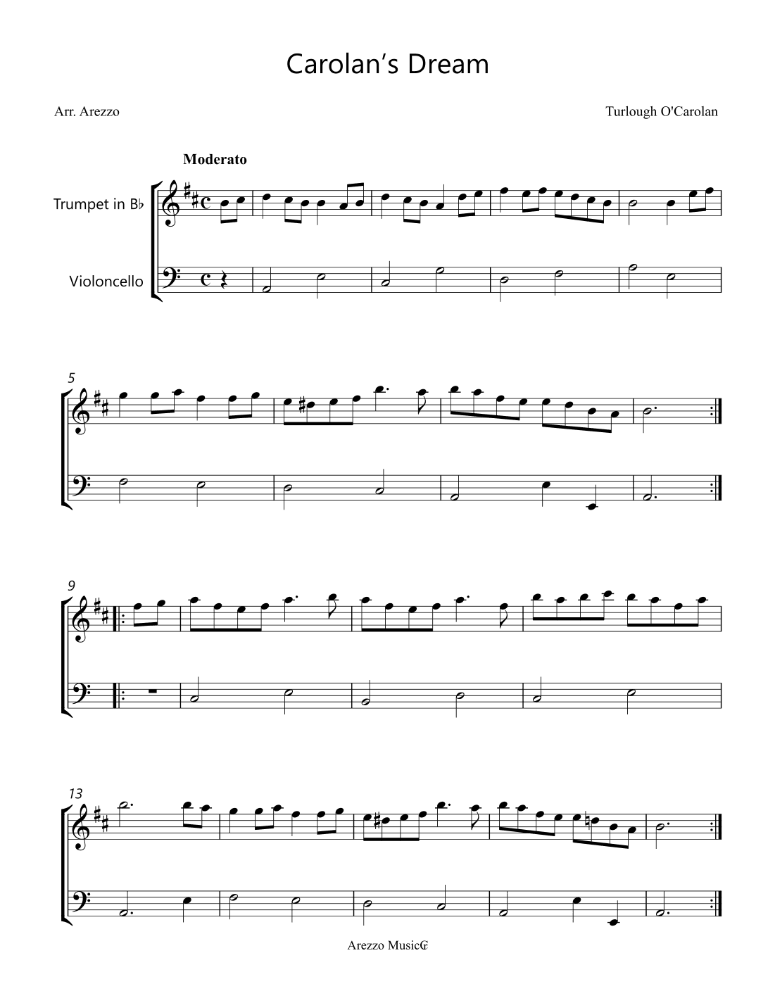 turlough o'carolan carolan’s dream trumpet and cello sheet music (arr. Arezzo Music)