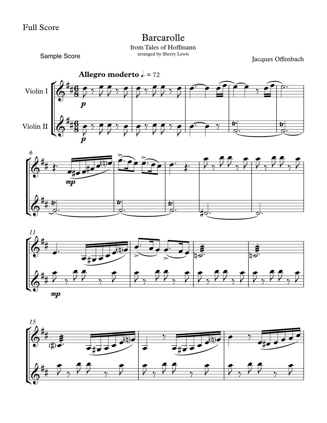 BARCAROLLE, Tales of Hoffmann Two Violin Duet, Intermediate Level (arr. Sherry Lewis)