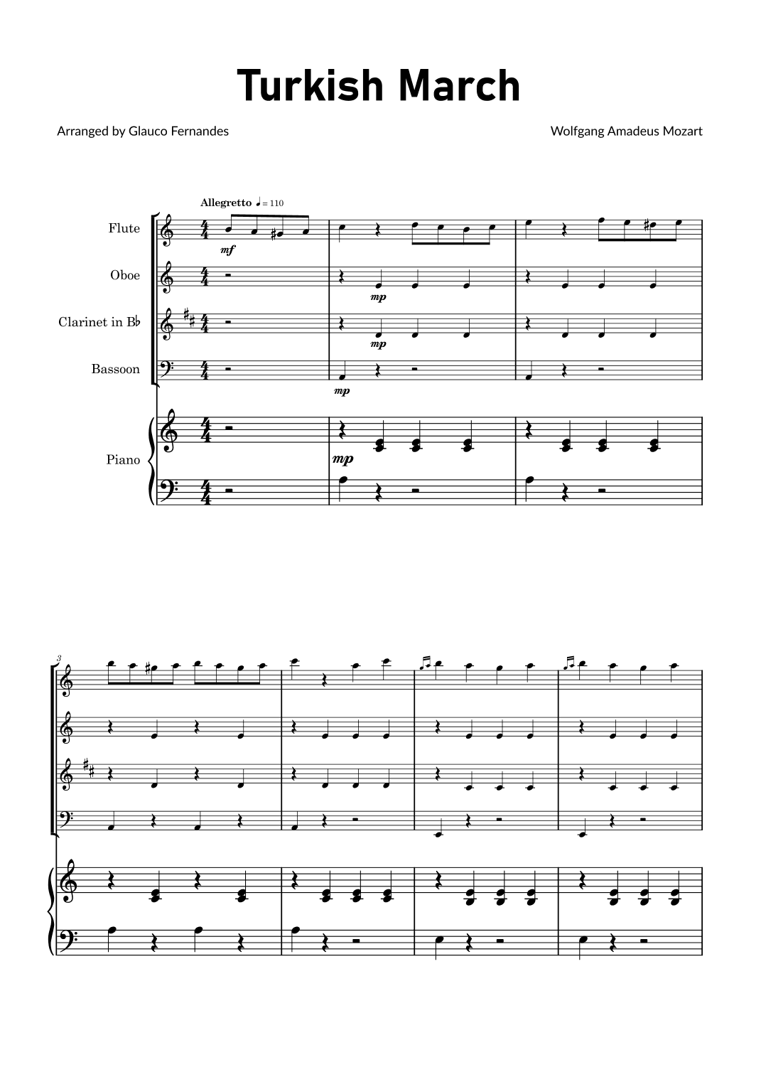 Turkish March by Mozart - Woodwind Quartet with Piano (arr. Glauco Fernandes)