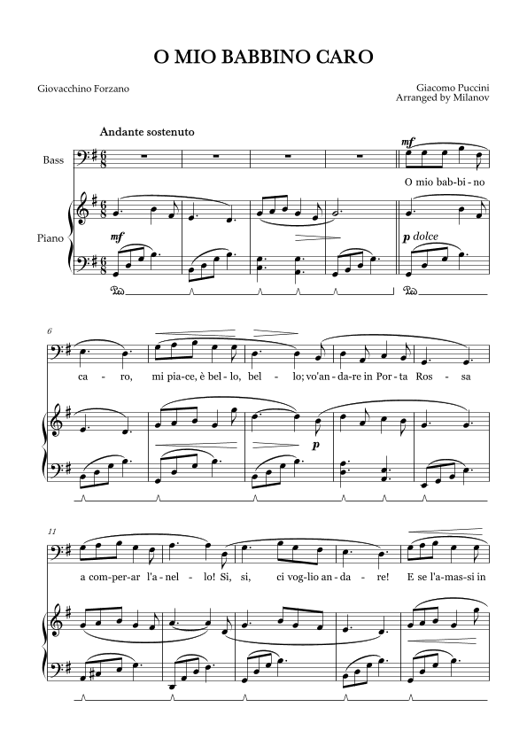 O Mio Babbino Caro | Male Voice Bass | G Major | Piano accompaniment | Pedal (arr. Milanov)
