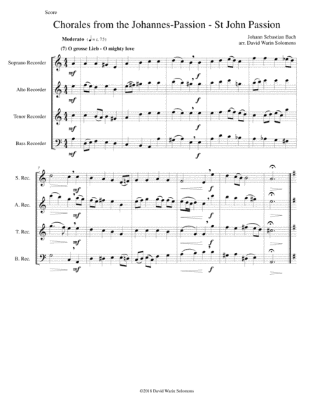 Chorales from the Johannes-Passion (St John Passion) for recorder quartet (arr. David Warin Solomons)