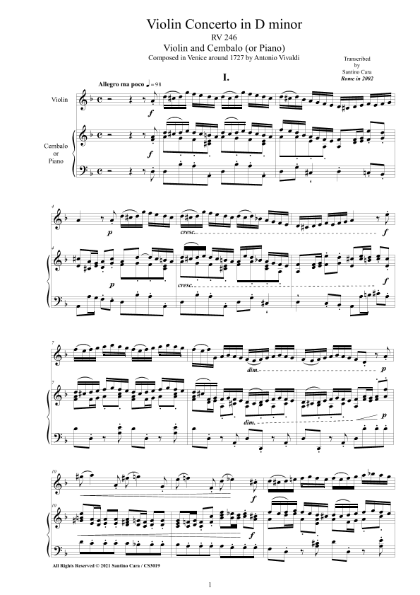 Vivaldi - Violin Concerto in D minor RV 246 for Violin and Cembalo (or Piano) (arr. Santino Cara)