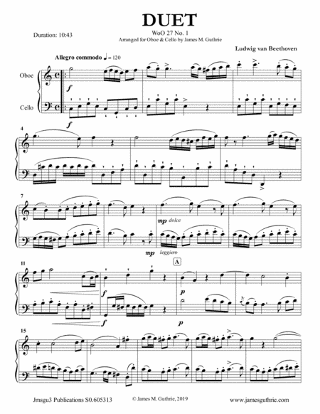 Beethoven: Three Duets WoO 27 for Oboe & Cello (arr. James M. Guthrie, ASCAP)