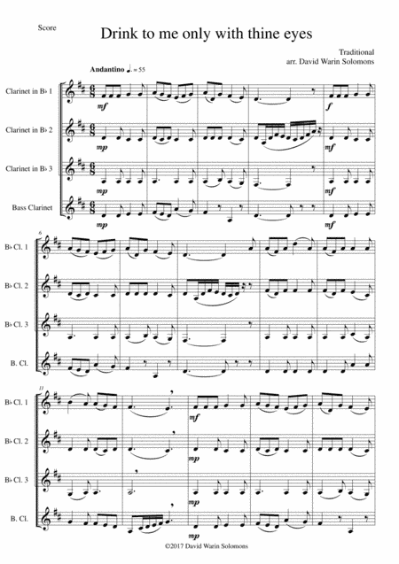 Drink to me only with thine eyes for clarinet quartet (3 B flat clarinets, 1 bass clarinet) (arr. David Warin Solomons)