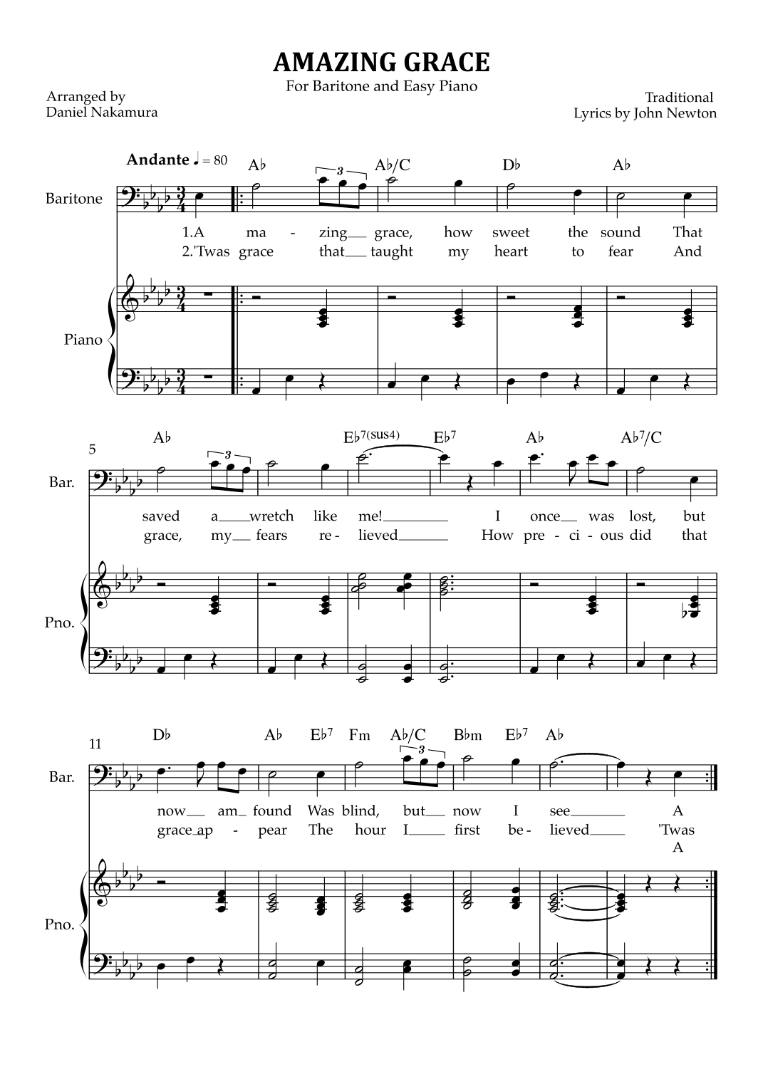 Amazing Grace (for baritone vocal with easy piano) (arr. Daniel Nakamura)