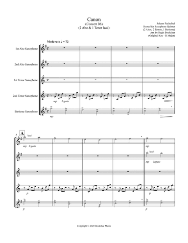 Canon (Pachelbel) (Bb) (Saxophone Quintet - 2 Alto, 2 Tenor, 1 Baritone) (arr. Regis Bookshar)