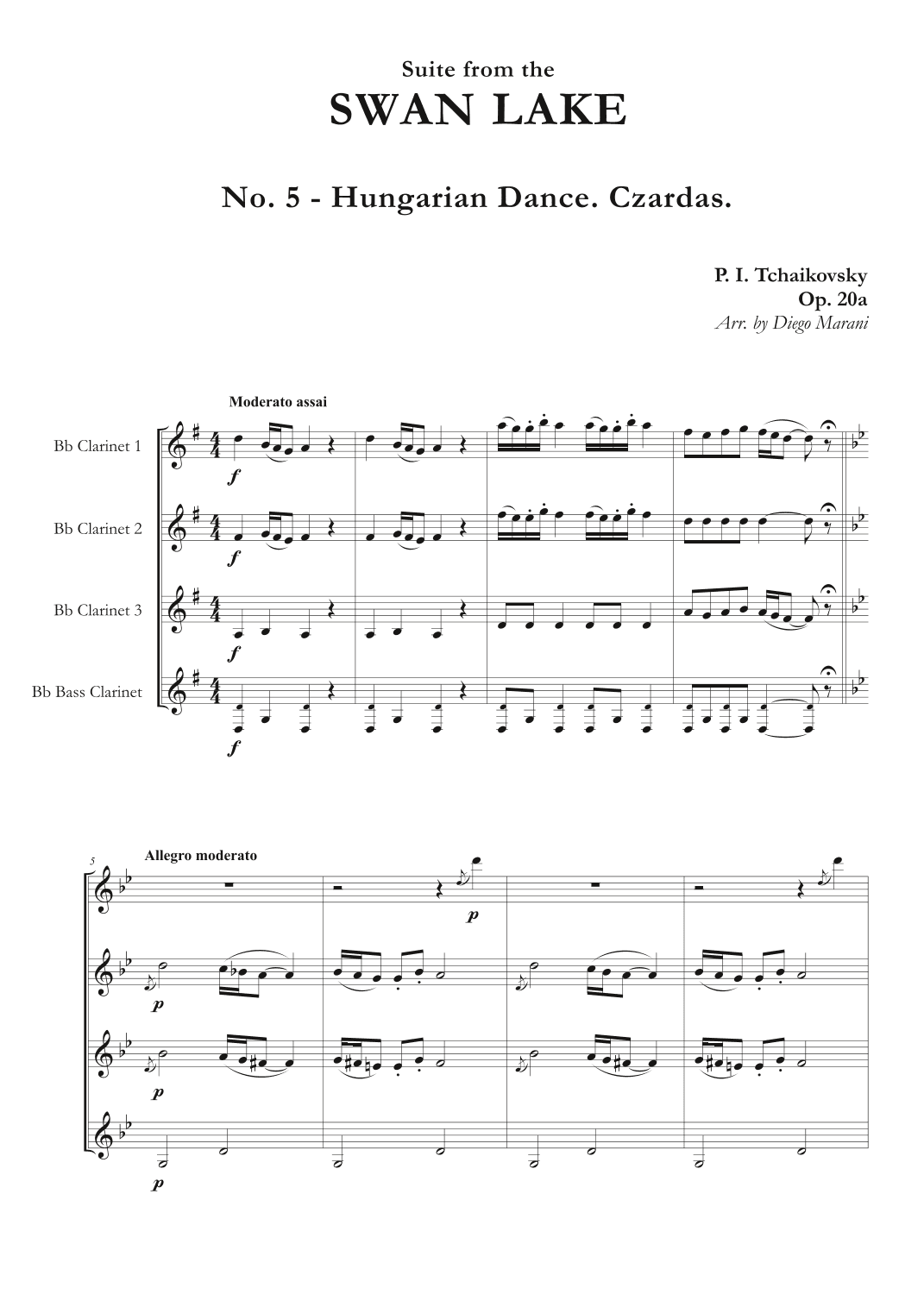 "Hungarian Dance. Czardas" from Swan Lake Suite for Clarinet Quartet (arr. Diego Marani)