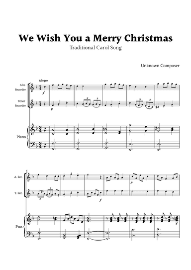 We Wish you a Merry Christmas for Recorder Duet with Piano (arr. Rika K.)