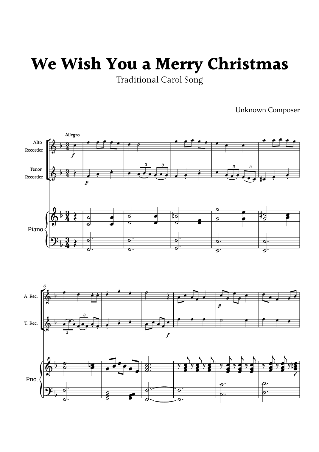 We Wish you a Merry Christmas for Recorder Duet with Piano (arr. Rika K.)