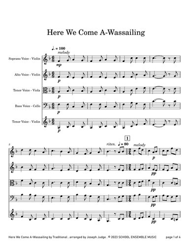 Here We Come A Wassailing for String Quartet in Schools (arr. Joseph Judge)