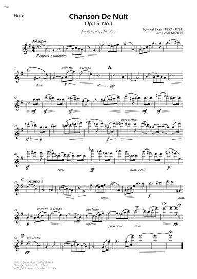 Chanson De Nuit, Op.15 No.1 - Flute and Piano (Individual Parts) (arr. César Madeira)