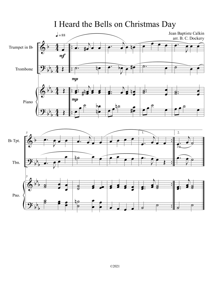 I Heard the Bells on Christmas Day (Trumpet and Trombone Duet) with optional piano accompaniment (arr. B. C. Dockery)