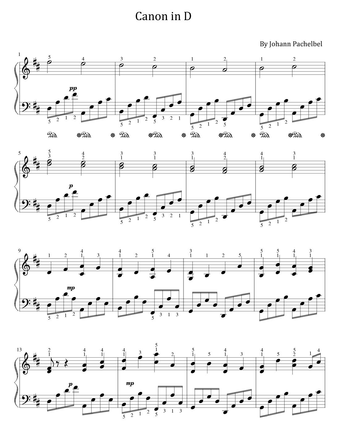 Canon in D - For Piano Solo - With Finger Number (arr. poon)