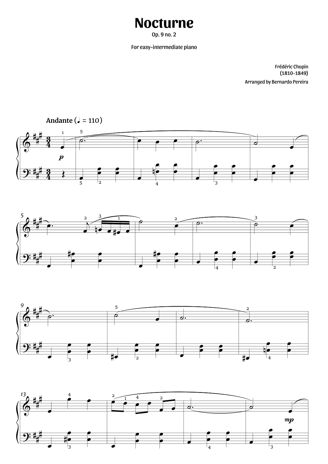 Nocturne Op. 9 no. 2 (easy-intermediate piano in A major – clean with fingering) (arr. Bernardo Pereira)