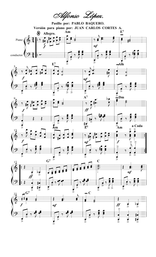 Alfonso López - Pasillo instrumental colombiano por Pablo Baquero (arr. Juan Carlos Cortés Aguirre)
