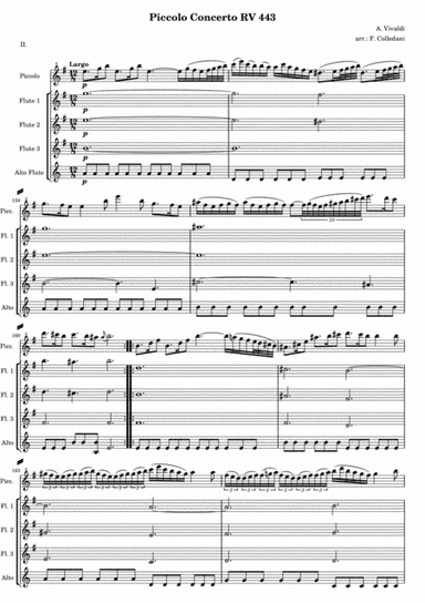 Vivaldi - Piccolo Concerto RV 443 - Second and third movements - version for Flute Quintet or Flute (arr. Frederic Colledani)