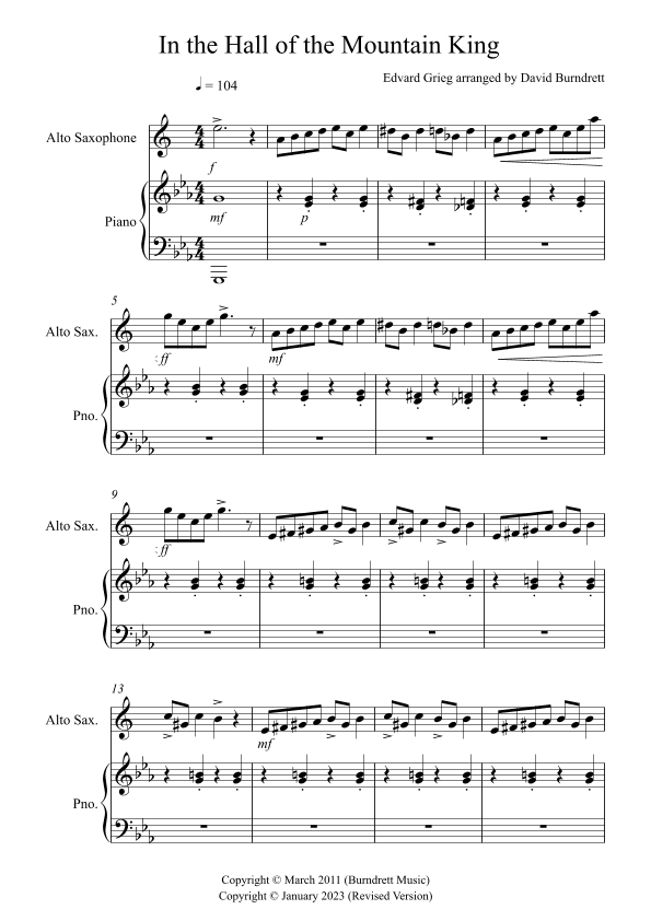 In The Hall Of The Mountain King for Alto Saxophone and Piano (arr. David Burndrett)