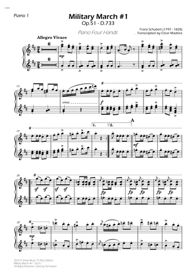 Military March No.1, Op.51 - Piano Four Hands (Individual Parts) (arr. César Madeira)