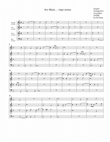 Ave Maria ... virgo serena (arrangement for 4 recorders) (arr. Gil Garty)