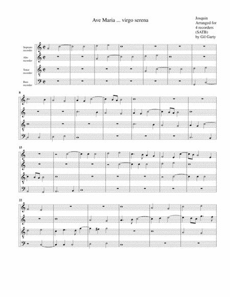 Ave Maria ... virgo serena (arrangement for 4 recorders) (arr. Gil Garty)