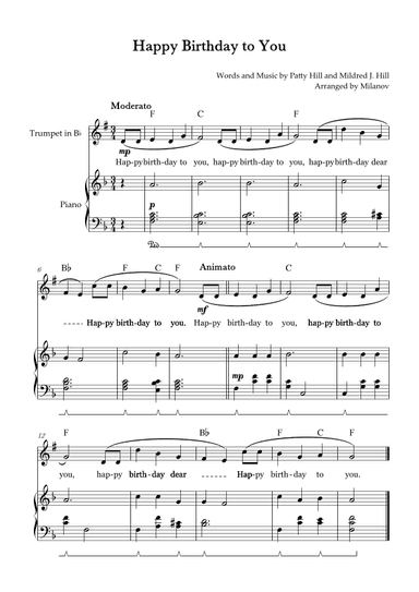 Happy Birthday to You |  Trumpet in Bb |  F Major | Piano accompaniment | Pedal | Chords | Lyri (arr. Milanov)