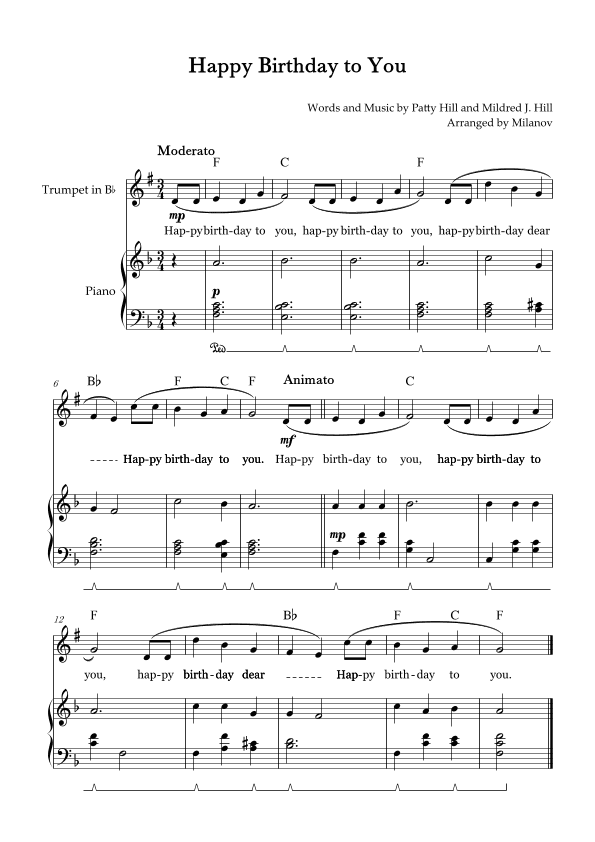 Happy Birthday to You |  Trumpet in Bb |  F Major | Piano accompaniment | Pedal | Chords | Lyri (arr. Milanov)