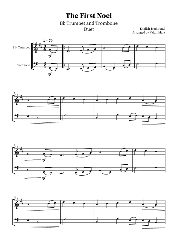 The First Noel - B-flat Trumpet and Trombone Duet (arr. Valdir Maia)