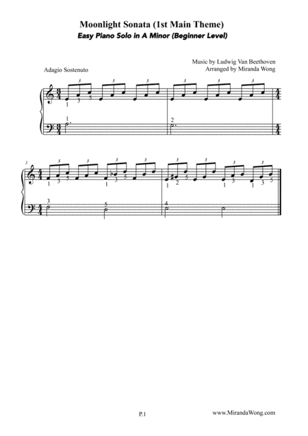 Moonlight Sonata - Easy Piano Solo in A Minor (arr. Miranda Wong)