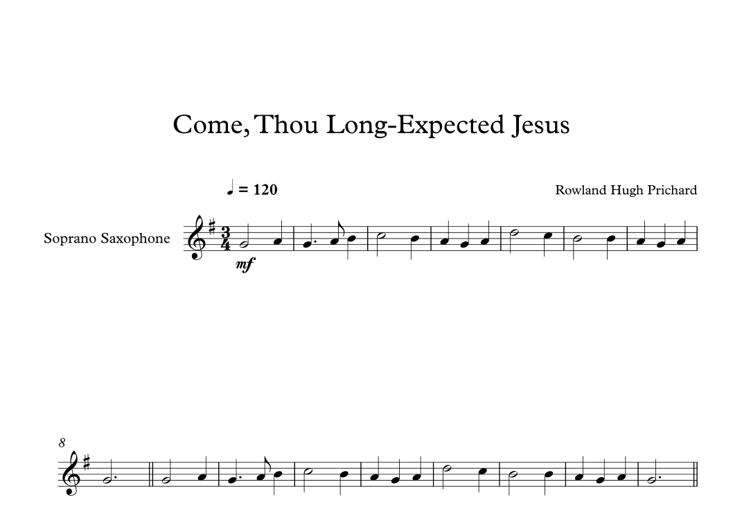 Come, Thou Long-Expected Jesus - Rowland Hugh Prichard (Soprano Sax) (arr. Digital Book Music)