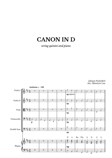 Canon in D for String Quintet and Piano with chords (arr. Maurício Luz)
