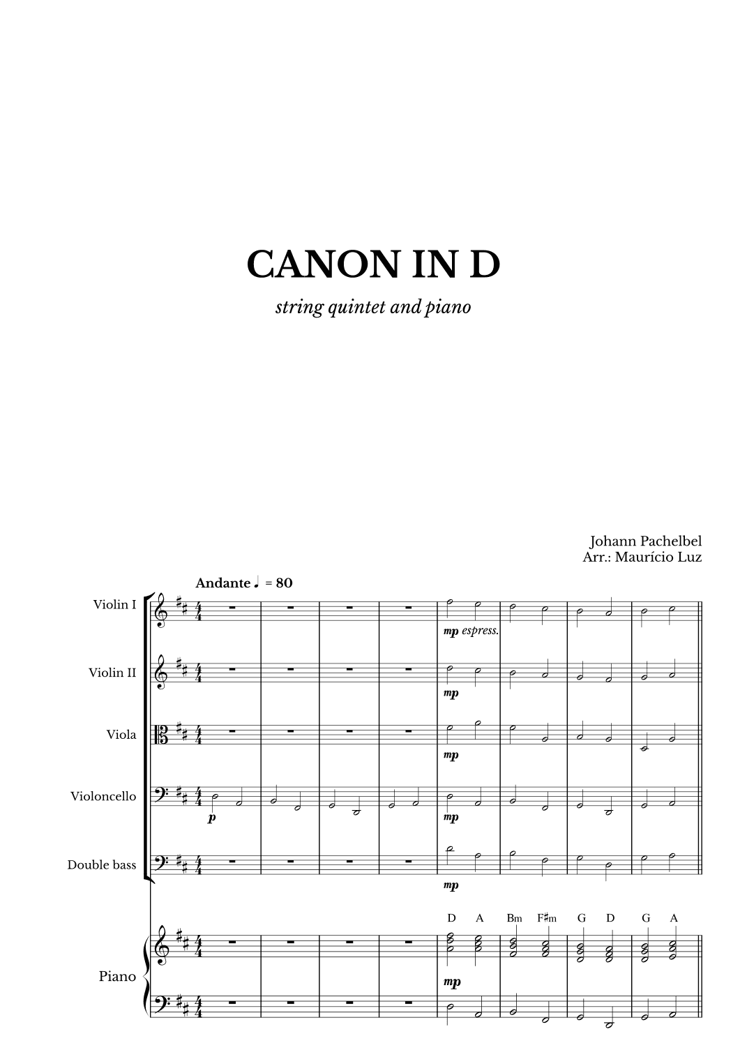 Canon in D for String Quintet and Piano with chords (arr. Maurício Luz)
