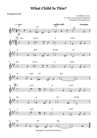 What Child Is This? - Trumpet in Bb Solo with Chords (arr. P.H. Damasceno)