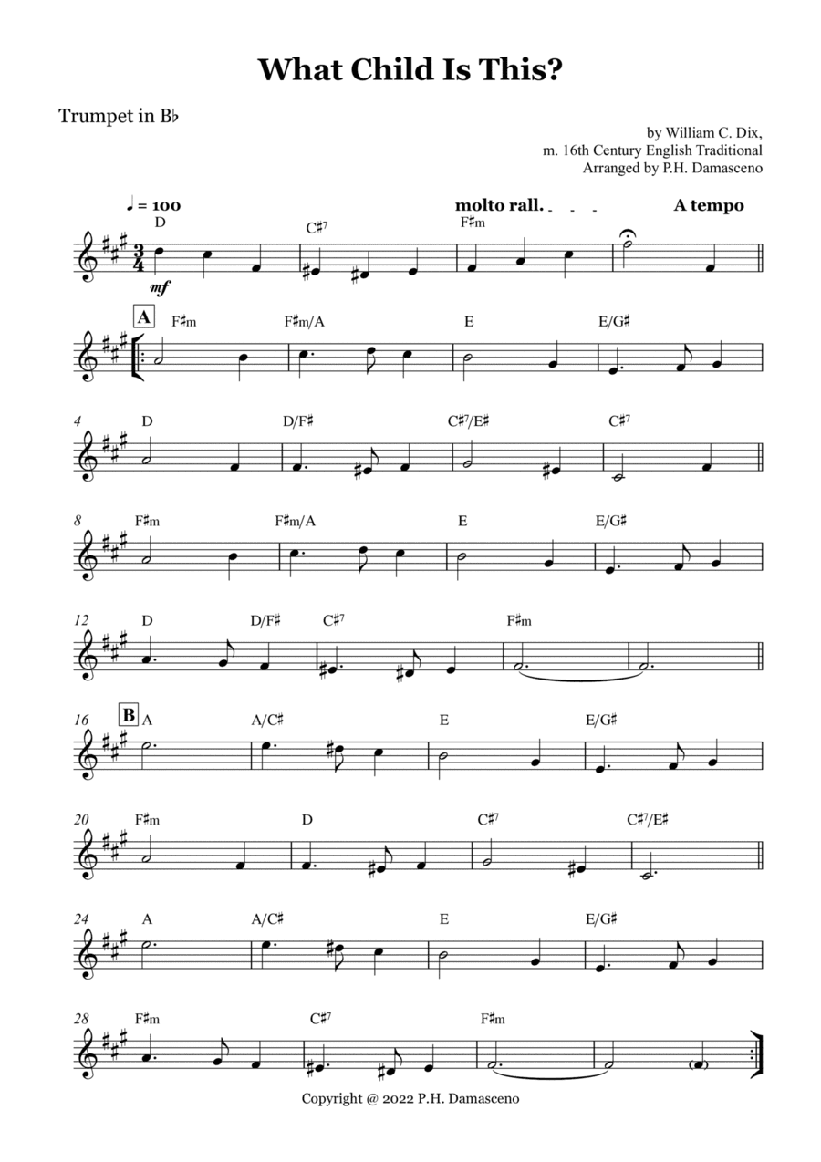 What Child Is This? - Trumpet in Bb Solo with Chords (arr. P.H. Damasceno)