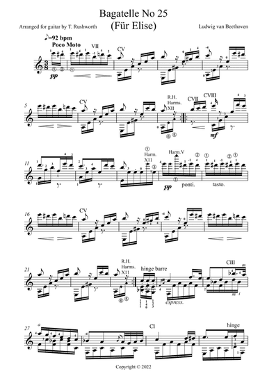 Bagatelle No 25 'Fur Elise' by Beethoven for solo guitar (arr. Tim Rushworth)
