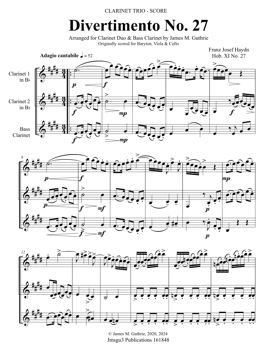 Haydn: Divertimento No. 27 for Clarinet Trio (arr. James M. Guthrie)