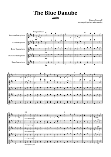 The Blue Danube - Saxophone Quintet with Chord Notations (arr. Glauco Fernandes)