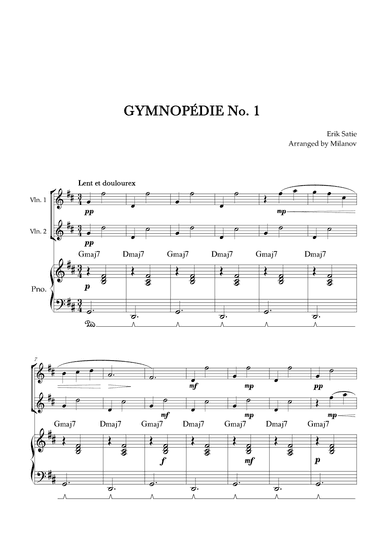 Gymnopédie no 1 | Violin Duet | Original Key | Chords | Piano accompaniment |Easy intermediate (arr. Milanov)