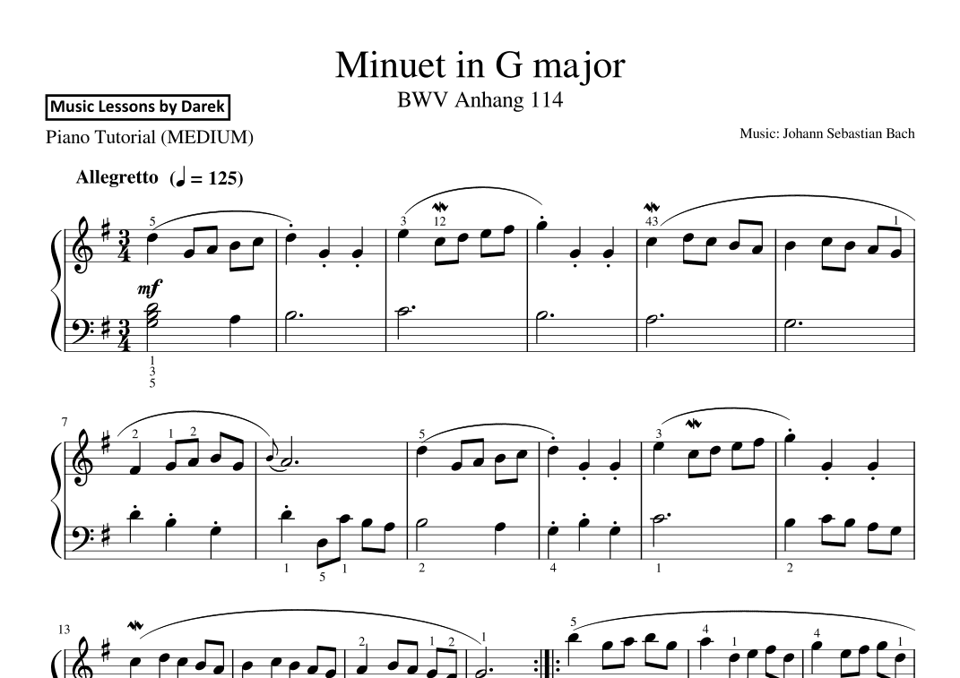 Minuet in G major (MEDIUM PIANO) BWV Anhang 114 [Johann Sebastian Bach] (arr. Darek)