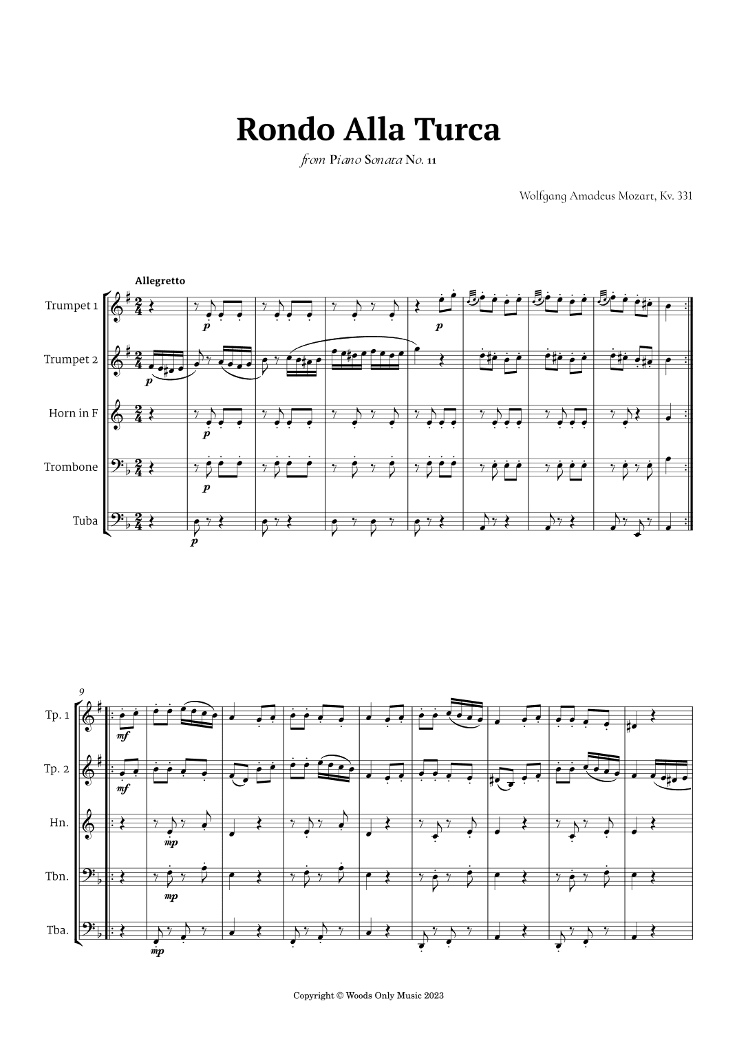 Rondo Alla Turca by Mozart for Brass Quintet (arr. Ander)