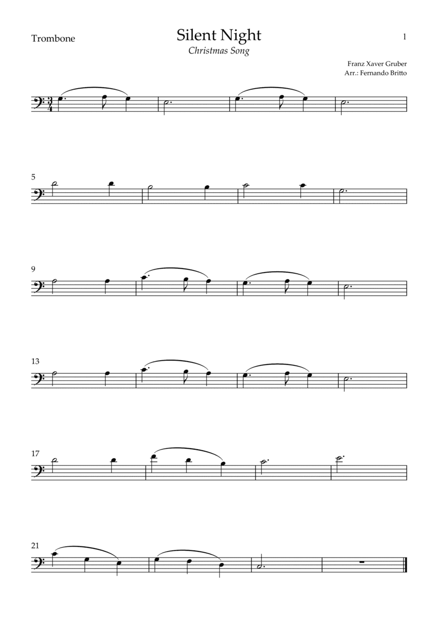 Silent Night (Christmas Song) for Trombone Solo (C Major) (arr. Fernando Britto)