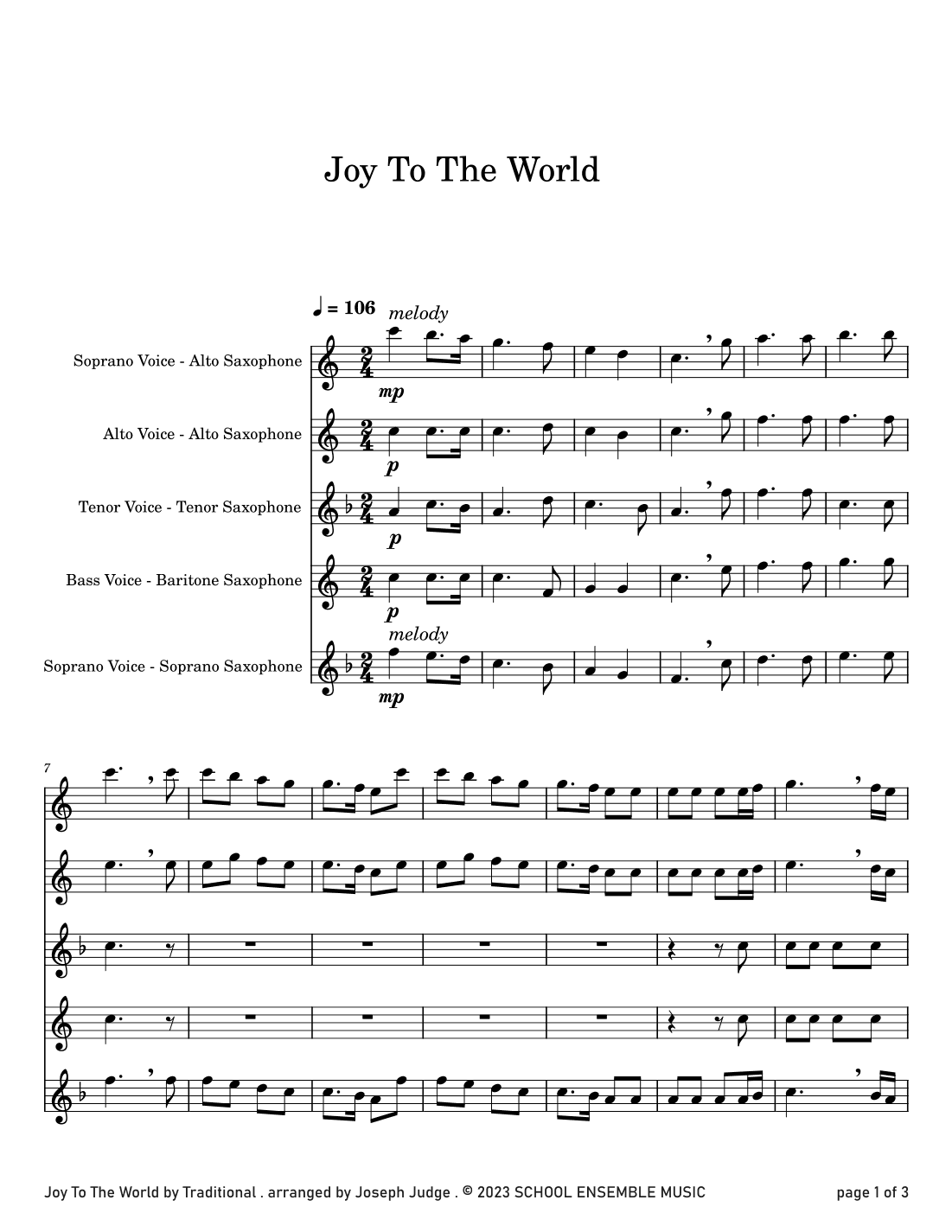 Joy To The World for Saxophone Quartet in Schools (arr. Joseph Judge)