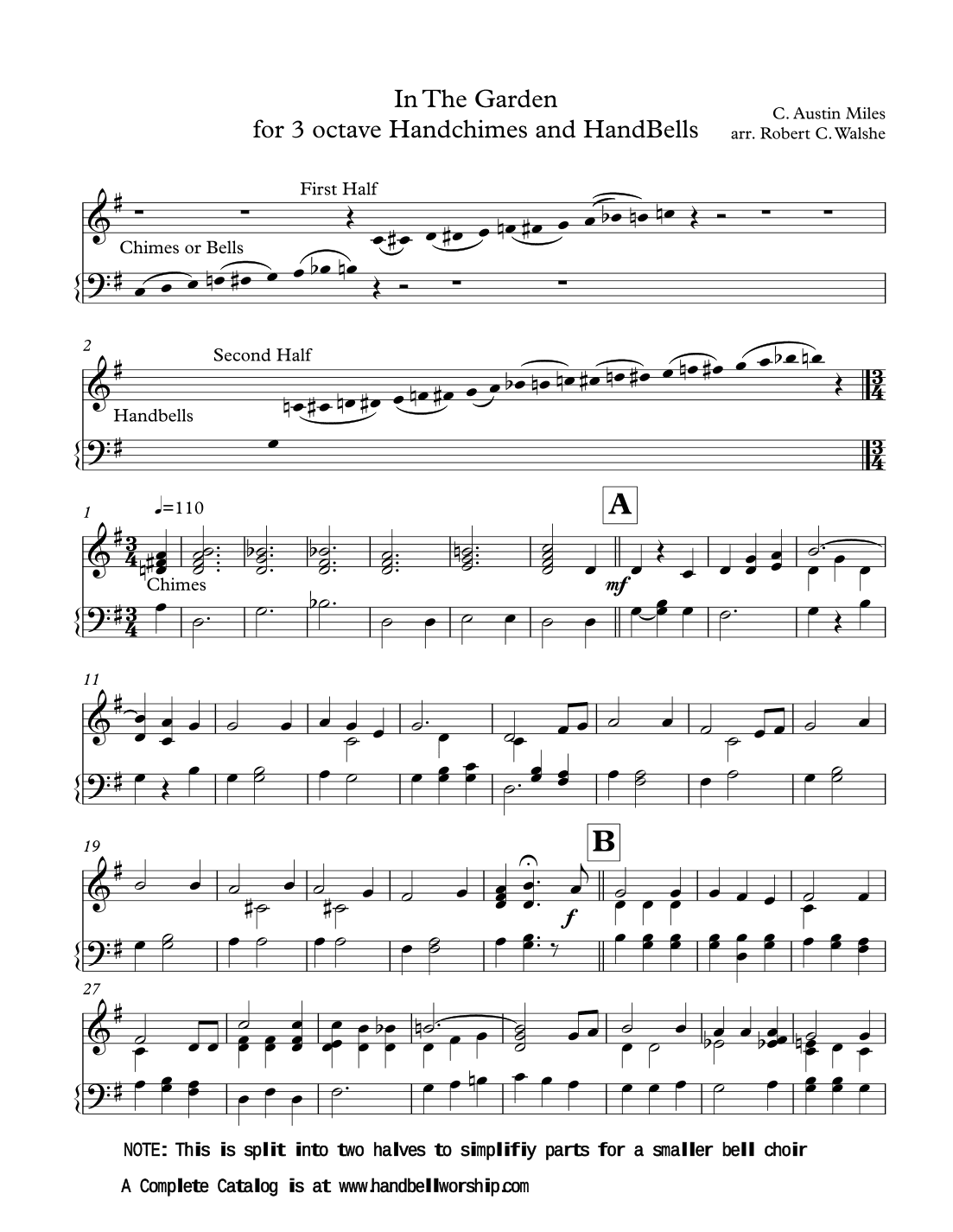 In The Garden for 3 octave handchimes (optional) and 3 octave handbells. 6 or 7 ringers (V2) (arr. Robert C. Walshe rcwalshe@gmail.com)