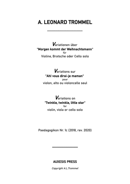 VIOLA SOLO VERSION: Variations on Ah! vous dirai-je maman / Morgen kommt der Weihnachtsmann / T