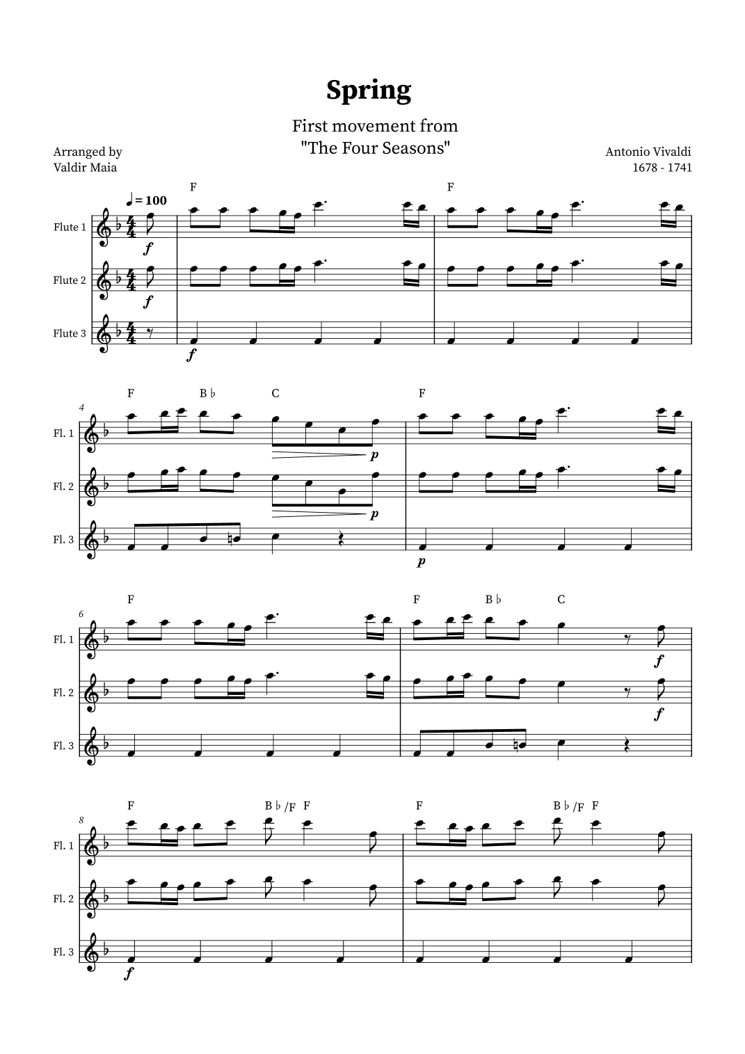 Spring - The Four Seasons for Flute Trio (+ CHORDS) (arr. Valdir Maia)